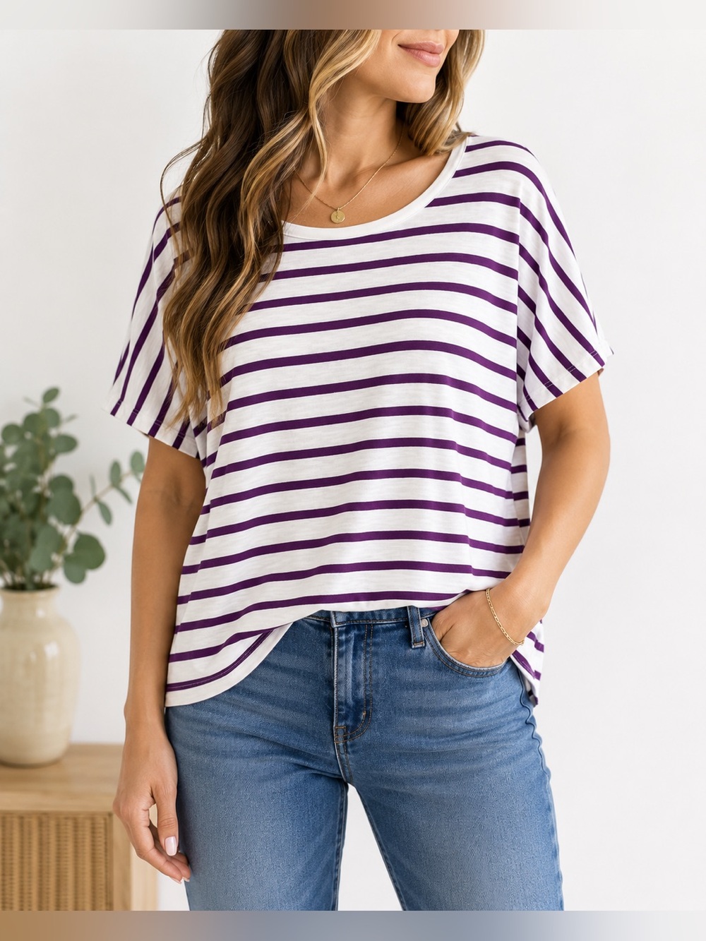 Market & Spruce XL Purple Ivory Striped Short Sleeve Cotton Modal Top